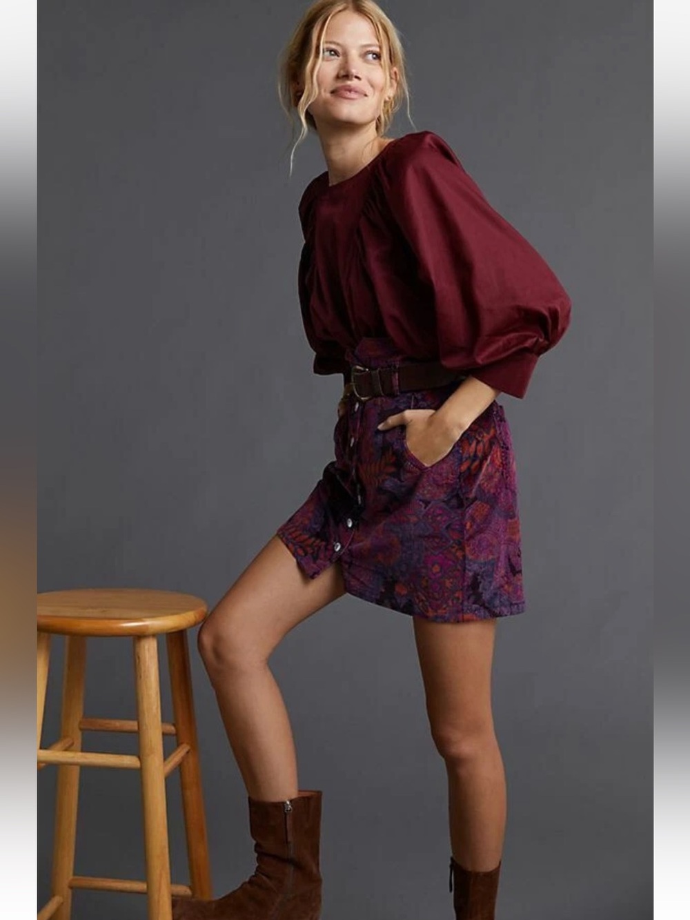 Anthropologie Pilcro Corduroy Mini Skirt Button Front  Floral Pink Purple Sz 2